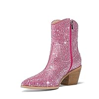 Rhinestone Cowgirl Boots Sparkly Ankle Cowboy Booties for Women Pointed Toe Side Zipper Western Glitter Stacked Chunky Heel for Party Wedding Casual