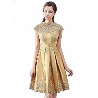 Women's 2019 Cap Sleeves Gold Applique Short Homecoming Dress Elegant Satin Party Gown