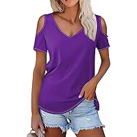 Womens Fashion Tops Cold Shoulder Tops for Women 2024 Summer Fashion Trendy Casual Sexy Loose with Short Sleeve V Neck Shirts Purple XX-Large