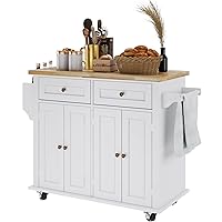 SogesHome Kitchen Island Cart with Storage Kitchen Cart Sideboard and Buffet with Wheels Bar Cart with Large Countertop, with Towel Holder and Spice Rack, 2 Drawers, 2-Door Cabinets, White&Maple