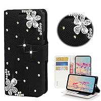 STENES Bling Wallet Phone Case Compatible with iPhone 15 Plus Case - Stylish - 3D Handmade Flowers Design Magnetic Wallet Stand Girls Women Leather Cover - Black