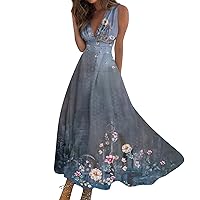 Long Dresses for Women Wedding Guest, Summer Sleeveless Wrap Vintage Floral Print Midi Dresses 2024 Casual Beach Vacation Dress Winter Bodycon Mid Length Formal Dress Casual (XL, Navy)