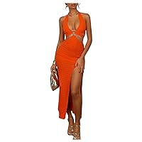 SOLY HUX Women's Sexy Hollow Out Halter Dress Sleeveless High Slit Bodycon Party Cocktail Long Dresses