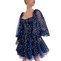 Maxianever Sparkly Homecoming Dresses Short for Teens Puffy Sleeves Starry Tulle Prom Dresses Graduation Mini Gowns Women