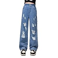 Kids Girls Vintage Ripped Jeans Juniors Straight Leg Denim Pants Casual Baggy Trousers Button Bottoms 4-16 Years