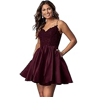 CWOAPO Teens Spaghetti Straps V Neck Homecoming Dresses Lace Appliques Short Satin Dress with Pockets for Prom Party