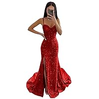 Women's Sequin Mermaid Prom Dresses Long with Slit Spaghetti Straps Formal Party Dresses XOD011