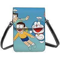 [Emzlikne] Doraemon Mobile Phone Bag Shoulder Bag Smartphone Bag Women's Messenger Bag Card Case Smartphone Bag Waterproof Lightweight Anime Character Leather Women Men, Black