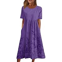 Wedding Short Sleeve Floofy Dress Female Valentines Day Plus Size Cotton Crewneck Tunic Dress for Women Lightweight Purple M