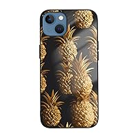 Gold Pineapple Background Printed Case for iPhone 13 Mini Case, Tempered Glass Shockproof Phone Case Cover for iPhone 13 Mini 5.4 Inch, Not Yellowing