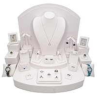 Jewelry Display Stand with 28 Pieces for Rings, Necklaces, Bracelets, Pendants, Watches, and Earrings in a Beautiful Steel Gray Finish. (White Leatherette)