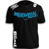 Muay Thai Fighting Blue White Logos Black MMA UFC Tapout BJJ T-Shirt