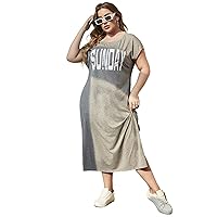 Womens Plus Size Dresses Summer Letter Graphic Cap Sleeve Split Hem Tee Long Dress