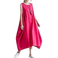 Flygo Womens Summer Baggy Linen O-Neck Sleeveless Tank Beach Long Dress with Pocket