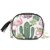 ALAZA PU Leather Small Crossbody Bag Purse Wallet Pink Flamingo With Cactus Cell Phone Bags with Adjustable Chain Strap & Multi Pocket