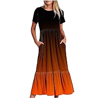 Sold and Shipped by Amazon Only Products Women Crewneck Maxi Dress Trendy Summer Short Sleeve Long Dresses Casual Tiered Ruffle Mid Calf Dress Sundress Robe D ETE Pour Femme Sud Orange