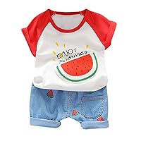 Set Clothes Baby Boy Newborn Boys Girls Watermelon Print Blouse Denim Shorts Clothes Outfits (Red, 12-24 Months)