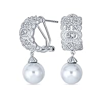 Elegant Vintage Bridal Jewelry - Milgrain Crown Pave CZ Half Mini Hoop White Glass Ball Pearl Drops Earrings for Women with Omega Back, Exquisite Silver Plated