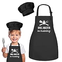 Kids Apron and Chef Hat Set, Grill Master in Training Funny Child Apron with 2 Pockets for Boys Girls