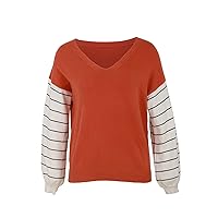 Women's Fall Stripe Long Sleeve Fashion Loose Casual V-Neck Tunic Tops Lightweight Color Block Knitted Pullover Sweater