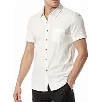 Men's Summer Cotton Linen Short Sleeve Slim Fit Button Down Shirts with Pockets for Vacation Beach