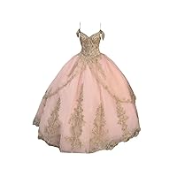 Cold Shoulder Ball Gown for Women Formal Party Puffy Skirt Gold Embroidery with Sleeves Quinceanera Prom Dress 2024