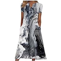 Womens Fashion Marble Print Maxi Dress Summer Casual Bohemian V Neck Short Sleeve Loose Fit Flowy Dresses with Pockets
