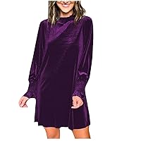 Velvet Midi Dress for Women - Womens Puff Long Sleeve Tunic Dress Fall Spring Crewneck Loose Casual Workout Dresses