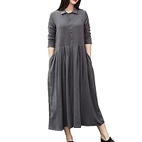 Women's Casual Loose Spring Fall Clothing Long Sleeves Midi Cotton Linen Shirt Dresses