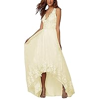 Women's High Low Beach Wedding Dress Long V Neck Tulle Bridal Gowns with Lace Yellow