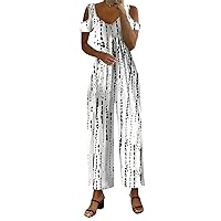 Women's Overalls Casual Loose Summer Rompers Boho Floral Short Sleeve Wide Leg Jumpsuits With Pockets, XL-5XL