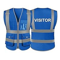 Visitor Safety Vest, 9 Pockets High Visibility Safety Vest With Reflective Strips-Blue-XL
