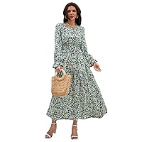 Women's Floral Print Flounce Long Sleeve A-line Maxi Dress, Boho Flared Ruffle Holiday Dresses
