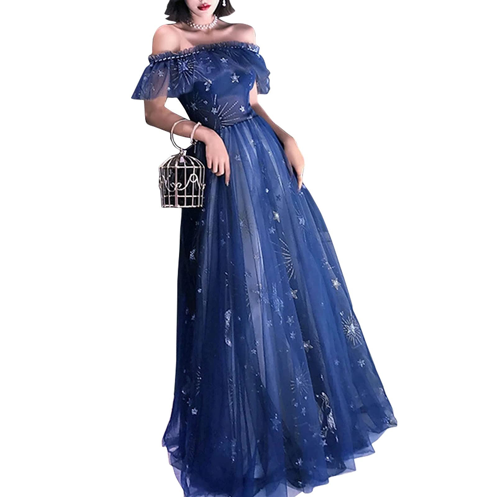 Monkidoll A-Line Elegant Prom Formal Evening Dress Off Shoulder Short Sleeve Floor Length