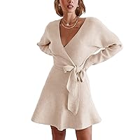 EXLURA Women's 2023 Long Sleeve Wrap Sweater Dress V-Neck Knit Fall Winter Short Mini Sweater Dresses