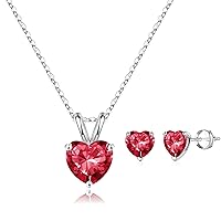 SMILIST S925 Sterling Silver Ruby Heart Birthstone Pendant Earrings Set for Women Girls, Valentines Christmas Thanksgiving Birthday Jewelry Gifts