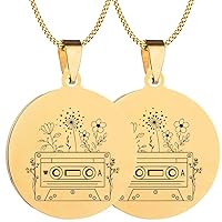 2PCS Mens Womens Compact Cassette Tape Flower Solid Polished Stainless Steel Pendant Necklace Chain