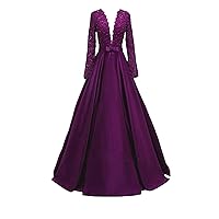 Women's Long Sleeve Evening Dresses Pearls Party Dresses Sheer Back Vintage Prom Dress