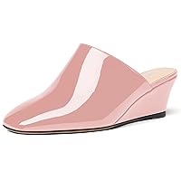 Women's Square Toe Evening Dress Slide Casual Patent Wedge Low Heel Mules Shoes 2 Inch