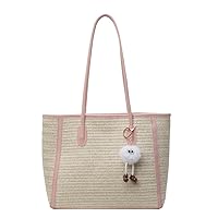 Elegant Woven Straw Beach Handbag Shoulder Bag Large Capacity Casual Leather Handle Straw Bag for Travel and Shopping, Pink