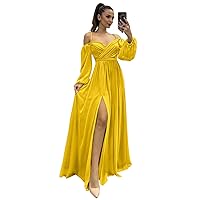 Women's Chiffon A-line Off Shoulder Bridesmaid Dresses with High Split Sweetheart Spaghetti Straps Evening Dress