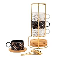 Jusalpha Golden Hand Print Teacup Coffee Cup with Bamboo Saucer Set FDTCS19 (4, Black/White)