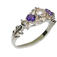 10k White Gold Cultured Pearl and Amethyst Womens Band Ring