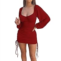 Sexy Bodycon Long Sleeve Mini Dress for Women Elegant Formal Square Neck Ruched Short Dress Trendy Party Dress