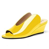 Women's Open Toe Casual Solid Slip On Outdoor Round Toe Patent Wedge Low Heel Pumps Shoes 2 Inch