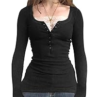 Women's Long Sleeve Fitted Crop Tops Square Neck Trendy Lace Trim Tight Tees Shirts Y2k Going Out top