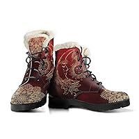 Red Sun And Moon Vegan Leather Boots with Faux Fur Lining
