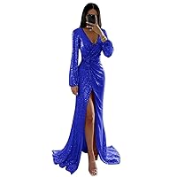 UZN Long Sleeve Sequin Prom Dresses Long Split for Women Sparkly V Neck Formal Evening Party Gowns