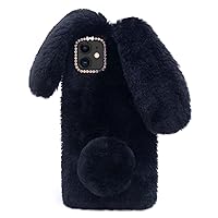 Omorro Compatible with iPhone 11 Case Plush Rabbit Case for Women Girls Soft Warm Fluffy Furry Bunny Ear Fur Phone Case Protective Bling Crystal Rhinestone Bow Knot Diamond Case Purple