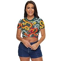 CowCow Wpmens Top Chinese Dragon Vintage Flowers Japanese Pattern Comfy Side Button Cropped Tee, XS-5XL
